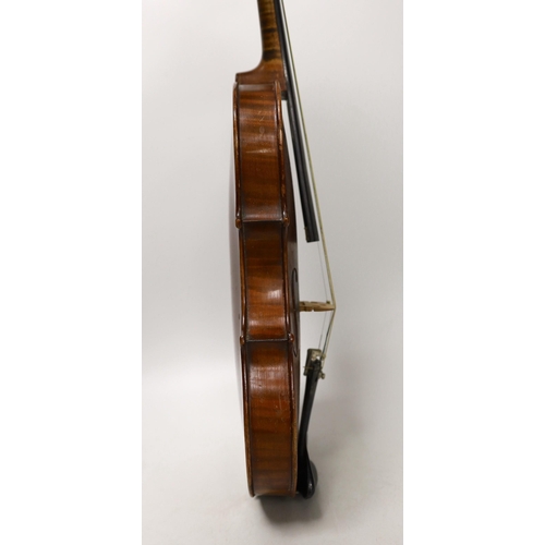 1390 - A cased French double backed violin, interior label reads Copie de J.B. Vuillaume à Paris. Back me... 