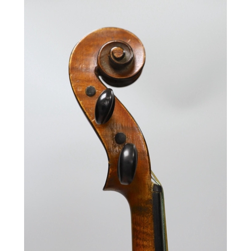 1390 - A cased French double backed violin, interior label reads Copie de J.B. Vuillaume à Paris. Back me... 