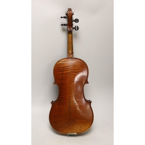 1390 - A cased French double backed violin, interior label reads Copie de J.B. Vuillaume à Paris. Back me... 