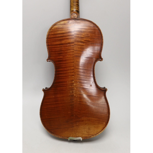 1390 - A cased French double backed violin, interior label reads Copie de J.B. Vuillaume à Paris. Back me... 