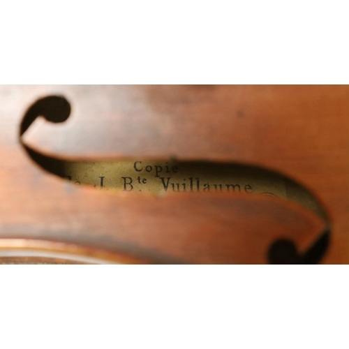 1390 - A cased French double backed violin, interior label reads Copie de J.B. Vuillaume à Paris. Back me... 