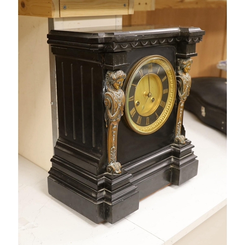 1391 - A large Victorian Broxell Brighton, black slate mantel clock with bronze figural mounts, 40cms high ... 