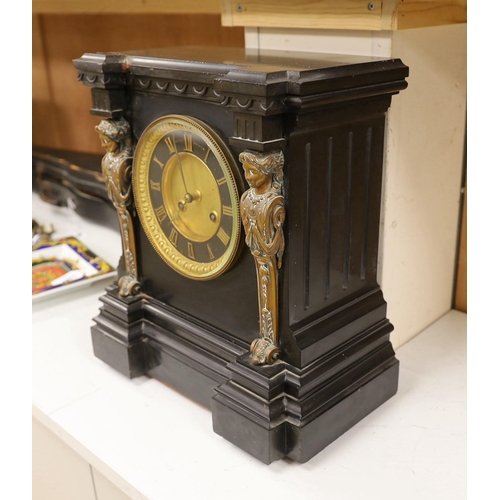 1391 - A large Victorian Broxell Brighton, black slate mantel clock with bronze figural mounts, 40cms high ... 