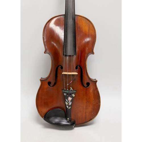 1394 - A French single back violin, interior label reads Médio Fino, back measures 35.5cm excl button. Wi... 