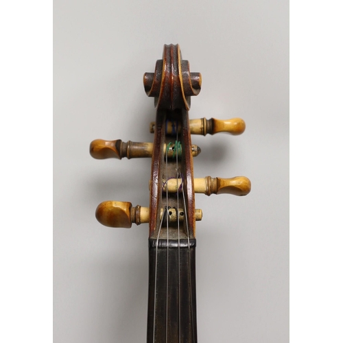 1394 - A French single back violin, interior label reads Médio Fino, back measures 35.5cm excl button. Wi... 