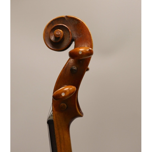 1394 - A French single back violin, interior label reads Médio Fino, back measures 35.5cm excl button. Wi... 