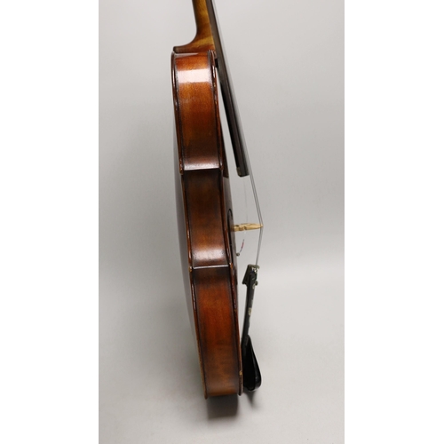 1394 - A French single back violin, interior label reads Médio Fino, back measures 35.5cm excl button. Wi... 