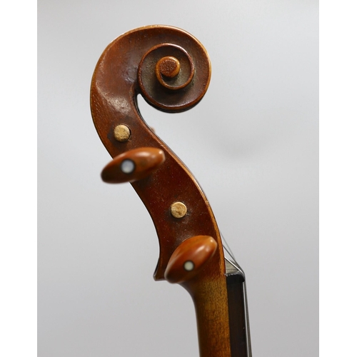 1394 - A French single back violin, interior label reads Médio Fino, back measures 35.5cm excl button. Wi... 