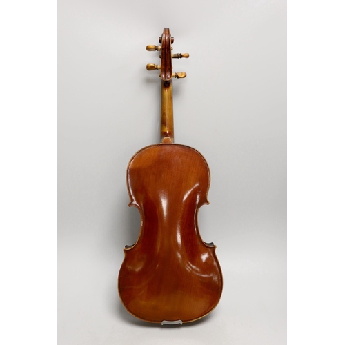 1394 - A French single back violin, interior label reads Médio Fino, back measures 35.5cm excl button. Wi... 