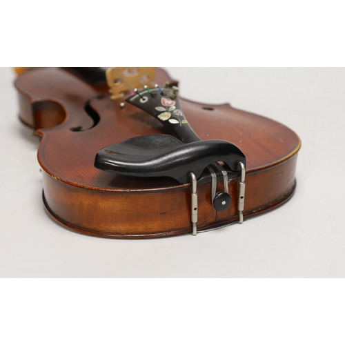 1394 - A French single back violin, interior label reads Médio Fino, back measures 35.5cm excl button. Wi... 