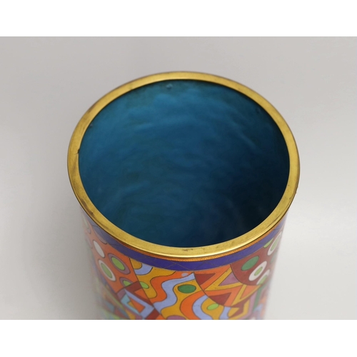 1395 - An unusual Art Deco style cloisonné enamel sleeve vase, with signature to base, 34.5cms high