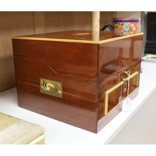 1396 - An inlaid travelling decanter box, with lower drawer and a set of  Royal Doulton glasses