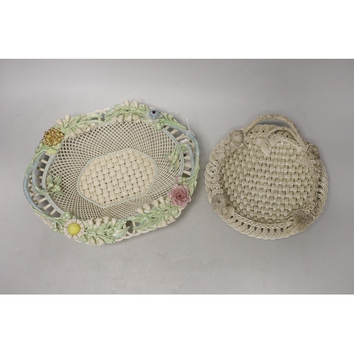 1399 - A Belleek coloured basket and similar smaller basket, large coloured basket 29cms wide