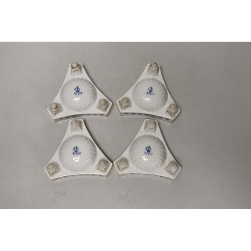 1401 - A set of four Dresden triangular cherub salts, Helena Wolfsohn atelier, 8cms wide