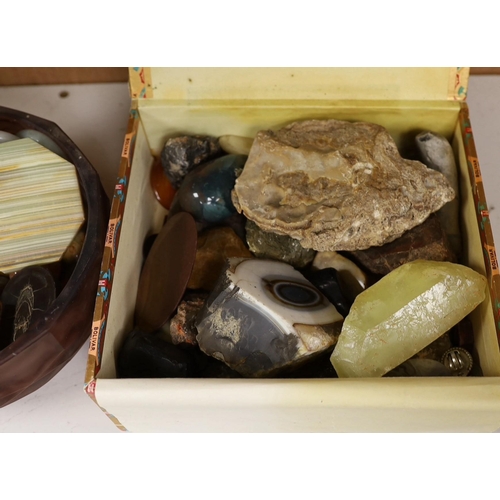 1404 - A collection of mineral and hardstone specimens and gem stones contained in a cigar box and a Davids... 