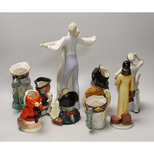 1407 - Three Royal Doulton figures and a character jug and five Shorter Pottery character jugs, tallest fig... 