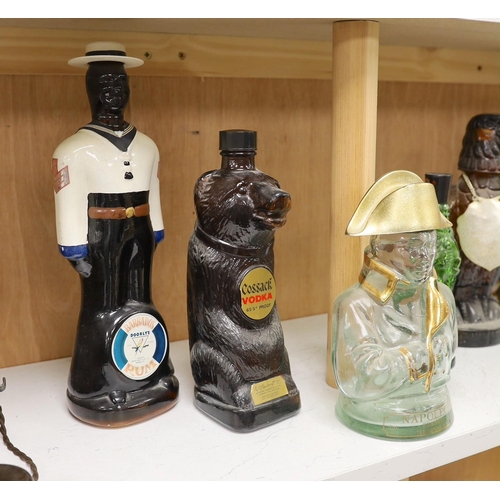 1413 - Five novelty shaped spirit bottles; Napoleon, a bear, a sailor, etc. tallest 33cm