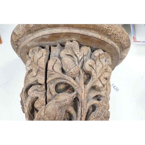 1420 - A Victorian/Edwardian carved pine wall bracket, carved with a bird within scrolling oak leaves, 36cm... 