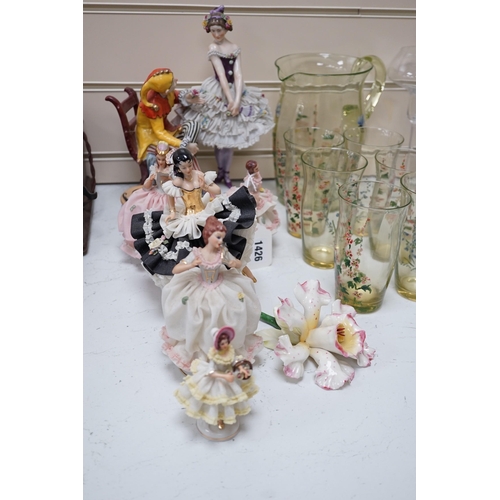 1426 - Six porcelain figures, a Murano labelled two handled dish and mixed glassware