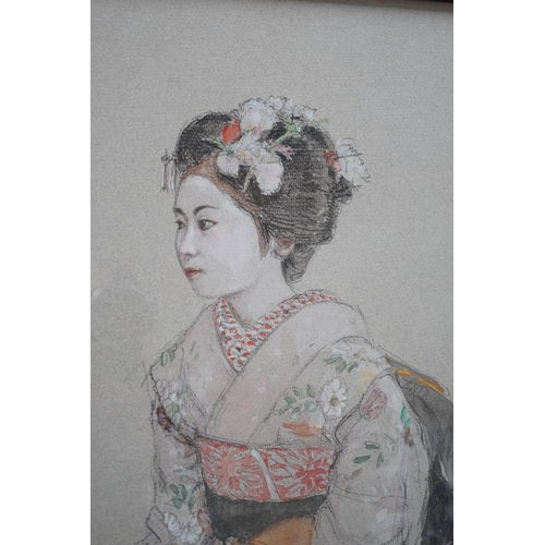 1442 - A Japanese watercolour and pencil sketch of a Geisha, signedand sealed, 42cms high x 31cms wide... 