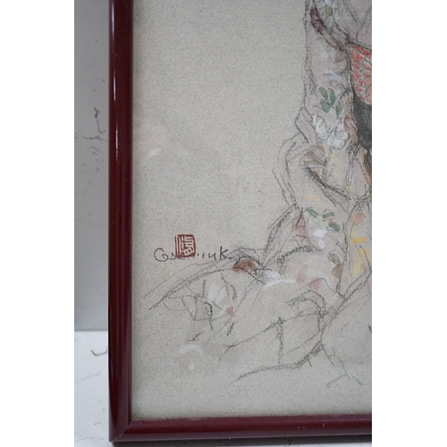 1442 - A Japanese watercolour and pencil sketch of a Geisha, signedand sealed, 42cms high x 31cms wide... 