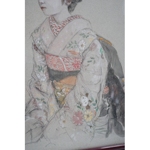 1442 - A Japanese watercolour and pencil sketch of a Geisha, signedand sealed, 42cms high x 31cms wide... 