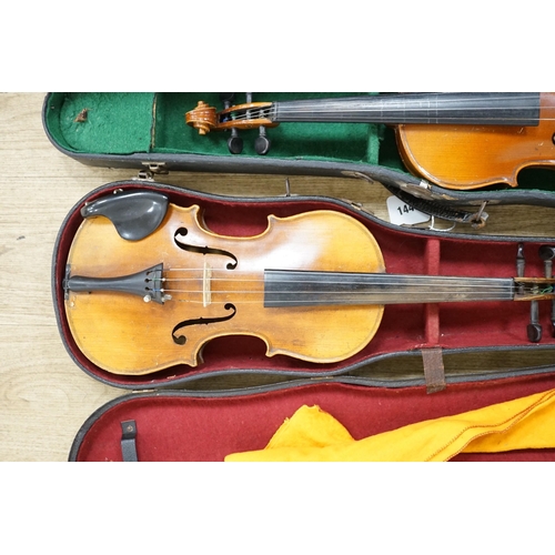 1443 - Two cased double back violins