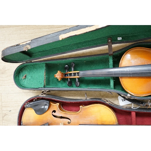 1443 - Two cased double back violins