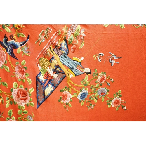 1448 - A Chinese early 20th century silk crepe, polychrome embroidered shawl