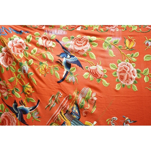 1448 - A Chinese early 20th century silk crepe, polychrome embroidered shawl