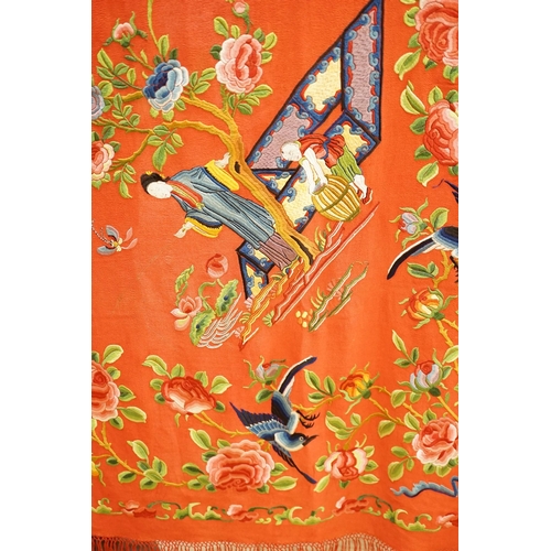 1448 - A Chinese early 20th century silk crepe, polychrome embroidered shawl