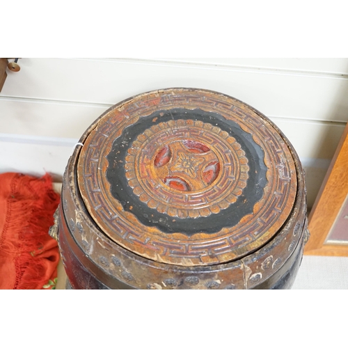 1451 - A Chinese lacquer decorated wood barrel form seat/storage container, 40cms high