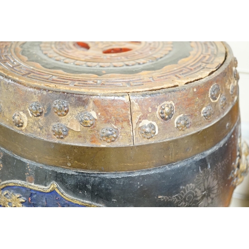 1451 - A Chinese lacquer decorated wood barrel form seat/storage container, 40cms high