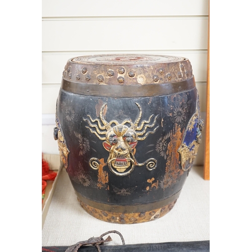 1451 - A Chinese lacquer decorated wood barrel form seat/storage container, 40cms high