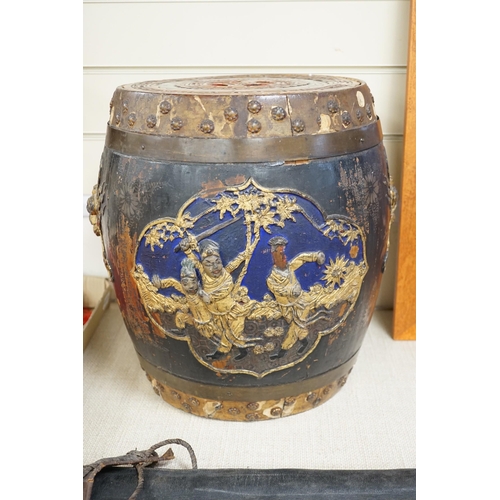 1451 - A Chinese lacquer decorated wood barrel form seat/storage container, 40cms high