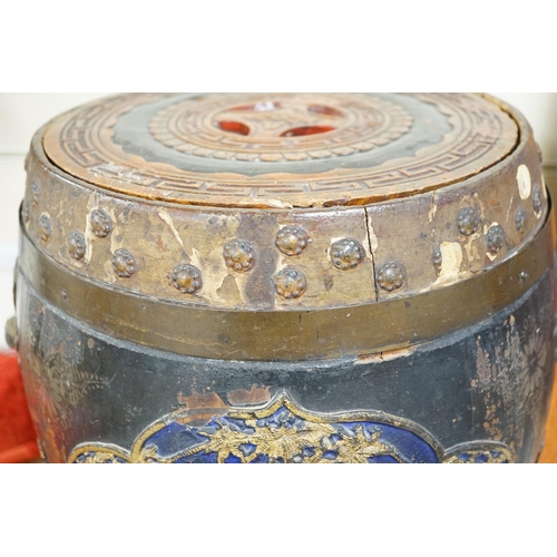 1451 - A Chinese lacquer decorated wood barrel form seat/storage container, 40cms high