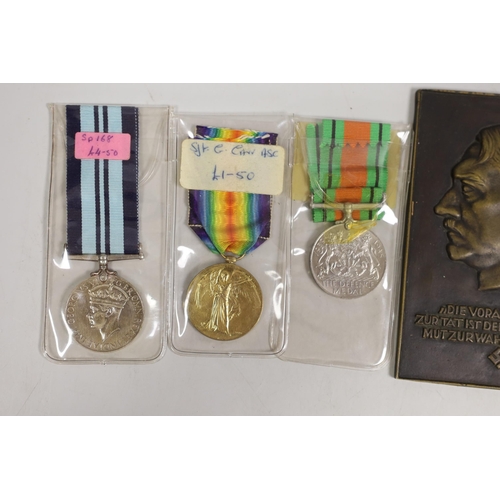 1493 - Two WWI medals, other medals and an Adolf Hitler bronze plaque