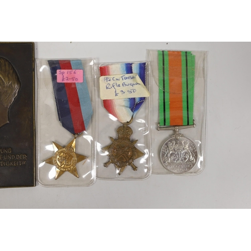 1493 - Two WWI medals, other medals and an Adolf Hitler bronze plaque