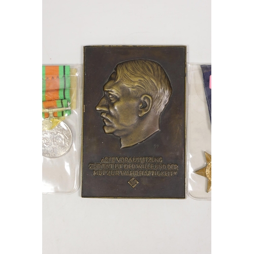 1493 - Two WWI medals, other medals and an Adolf Hitler bronze plaque