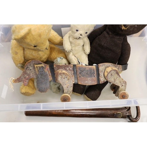 1526 - A selection of various early to mid 20th century teddy bears and toys, to include a Tri pulling wood... 