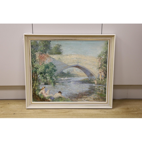 1650 - Thomas W. Armes (1894-1963), oil on canvas, Bathers beside a stone bridge, signed, 47 x 56cm