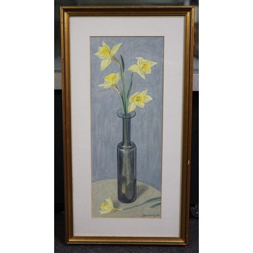 1651 - Bryan Senior (British b.1935), acrylic on paper, 'Daffodils in grey vase', signed and dated '88 43 x... 