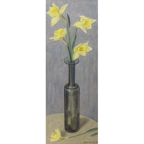 1651 - Bryan Senior (British b.1935), acrylic on paper, 'Daffodils in grey vase', signed and dated '88 43 x... 