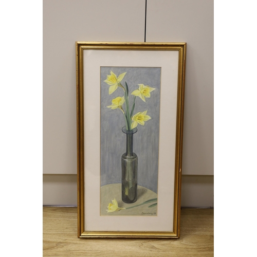 1651 - Bryan Senior (British b.1935), acrylic on paper, 'Daffodils in grey vase', signed and dated '88 43 x... 