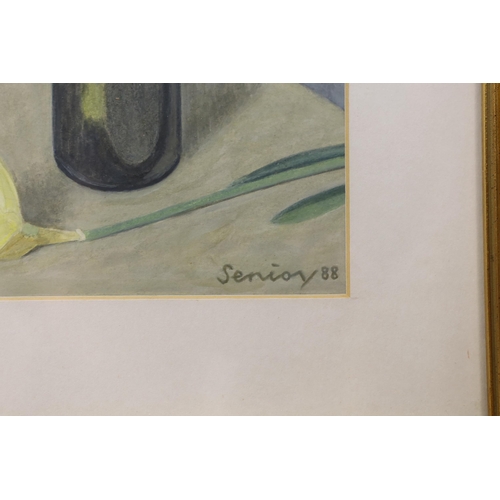 1651 - Bryan Senior (British b.1935), acrylic on paper, 'Daffodils in grey vase', signed and dated '88 43 x... 