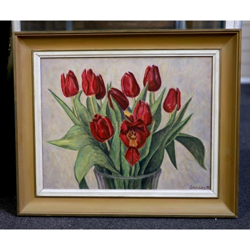 1652 - Bryan Senior (British b.1935), acrylic on board, 'Vase of Tulips', signed and dated '95, 35 x 44cm... 