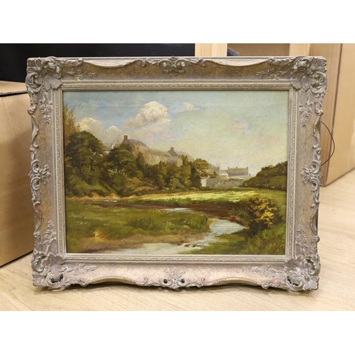 1664 - John W. Green, oil on canvas, River landscape with town beyond, signed and dated '97, 29 x 39cm... 