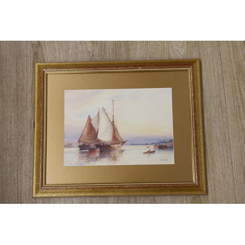 1698 - Frederick James Aldridge (1850-1933), watercolour, Sail barges leaving harbour, signed, 26 x 37cm... 