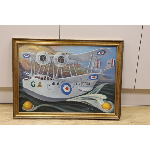 1701 - Terry Clarke (b.1932), oil on board, 'Flying Boat', signed, 42 x 60cm