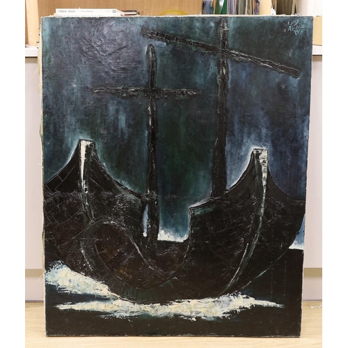 1707 - David Azuz (1942-2014), oil on canvas, Ship at sea, signed and dated 1959, 100 x 81cm, unframed... 